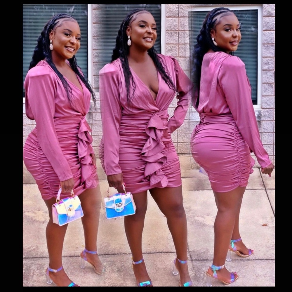 Ruffle Satin Long Sleeve Mini Dress